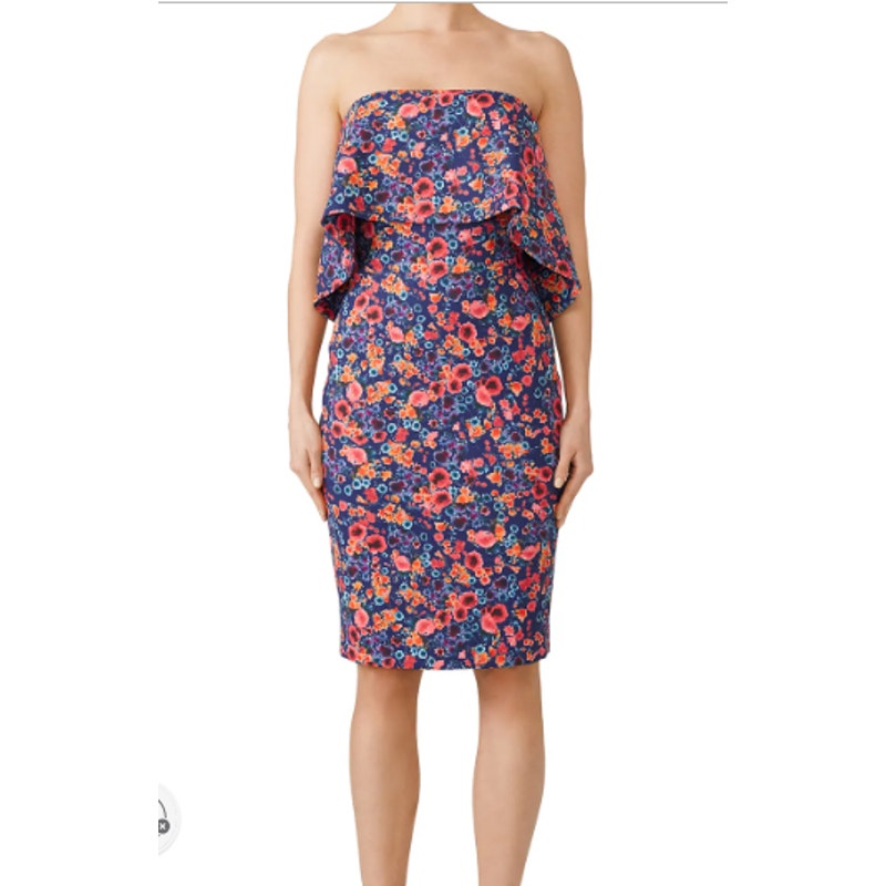 Badgley Mischka Size 10 Blue Floral Popover Sleeveless Knee Length Sheath Dress