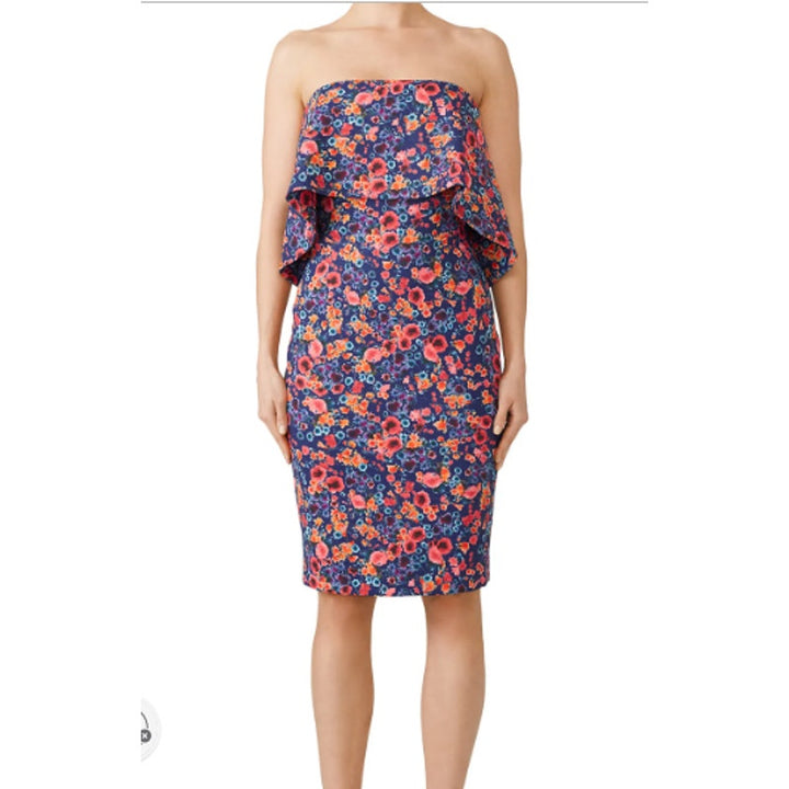 Badgley Mischka Size 10 Blue Floral Popover Sleeveless Knee Length Sheath Dress