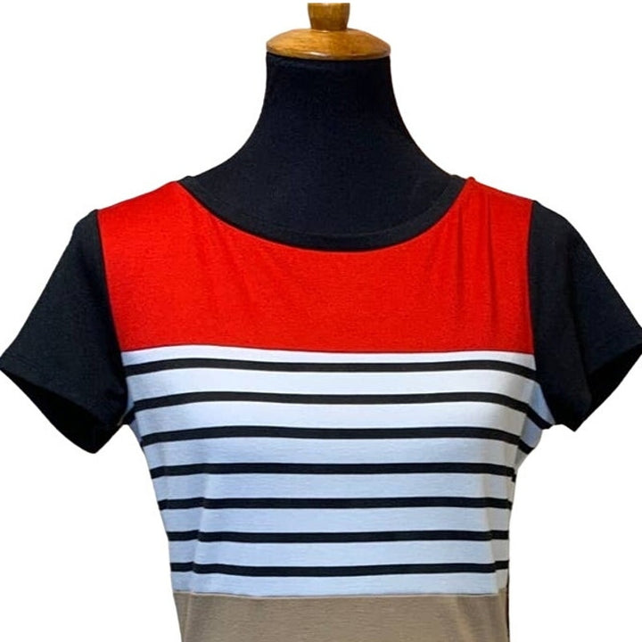 The Limited Medium Striped Career Body Con Short Sleeve Polyblend Back Zip Dress