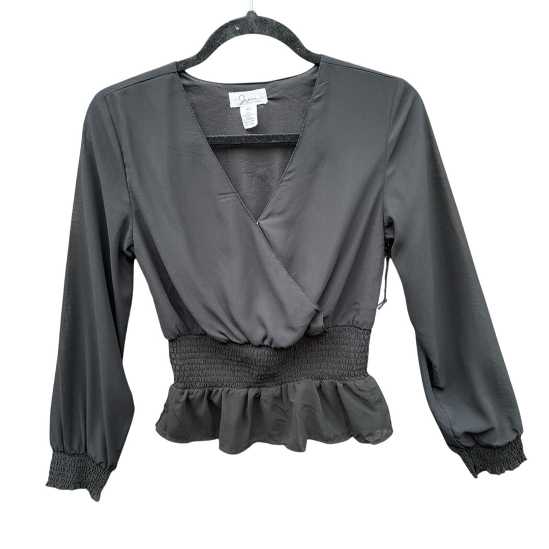 NWT New Japna Womens XS Black 100% Polyester Sheer Long Sleeve Peplum Blouse