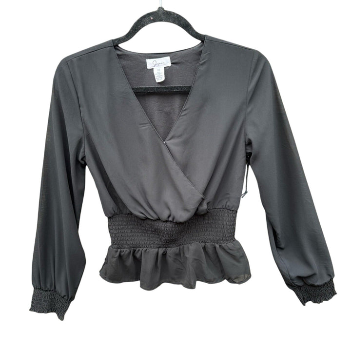NWT New Japna Womens XS Black 100% Polyester Sheer Long Sleeve Peplum Blouse