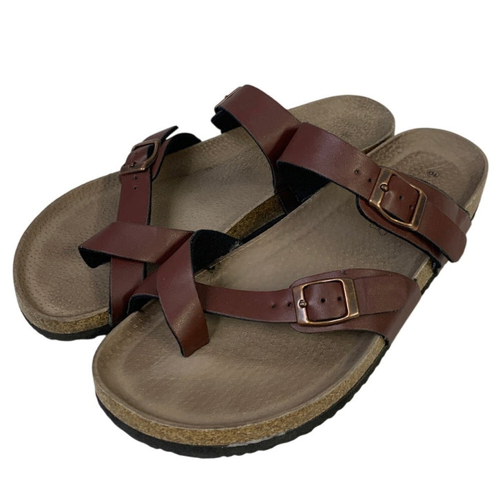 Mysoft Womens Size 10 Brown Sandals Open Round Toe Double Buckle Slip On Shoes