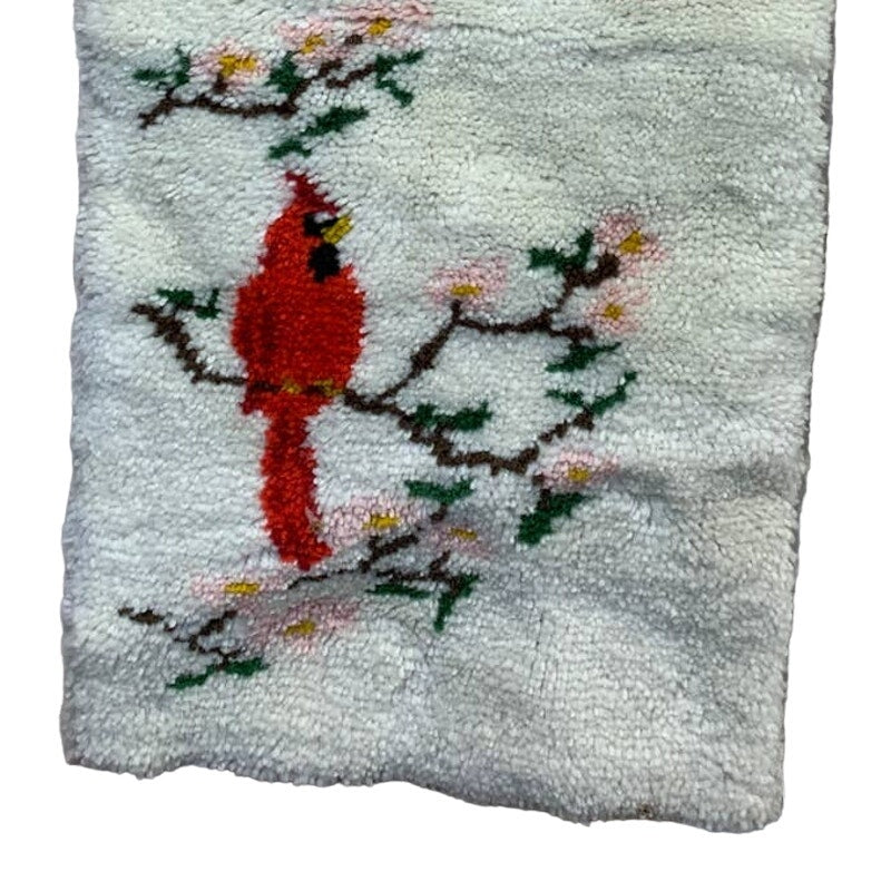 Vintage Handmade Acrylic Yarn Latch Hook Red Cardinal Bird Wall Hanging Rug Art