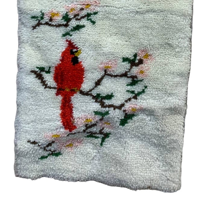 Vintage Handmade Acrylic Yarn Latch Hook Red Cardinal Bird Wall Hanging Rug Art