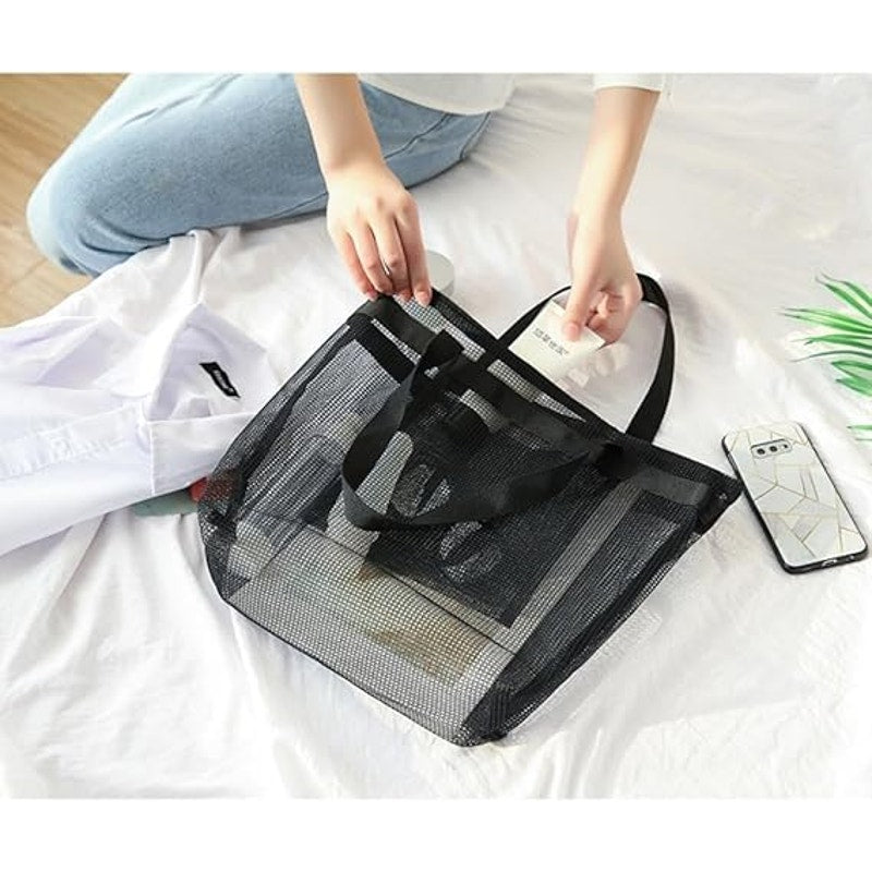 New Komost Black Double Handle Zip Up Foldable Travel Mesh Beach Tote Bag