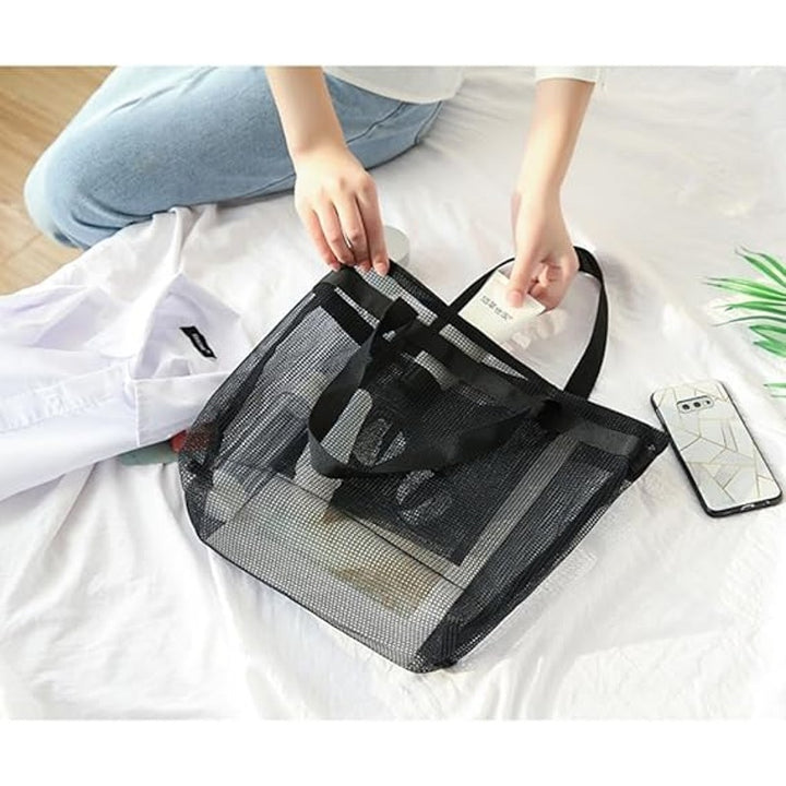 New Komost Black Double Handle Zip Up Foldable Travel Mesh Beach Tote Bag
