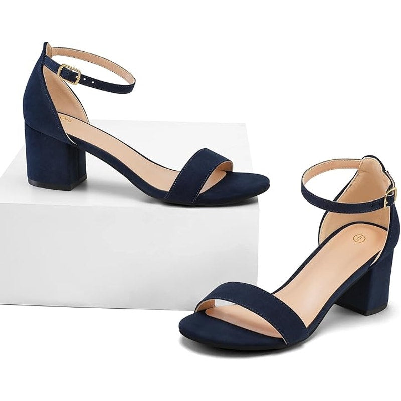 Mysoft Womens 9 Navy Blue 2.25" Chunky Heel Open Round Toe Ankle Strap Shoes