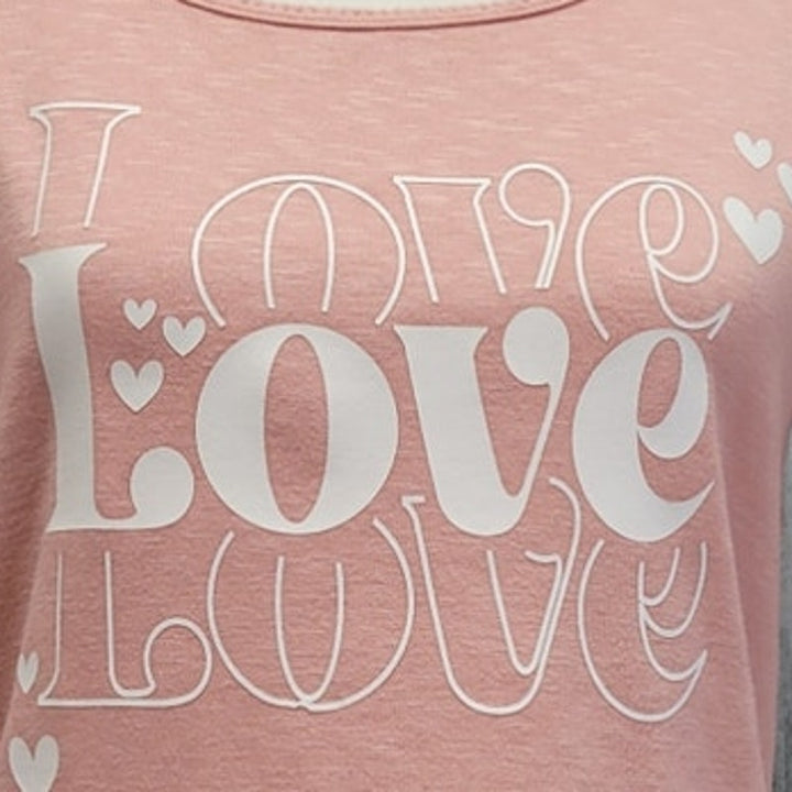 Hand Printed Upcycled Womens Medium Love Love Love Valentine Heart Tee Shirt