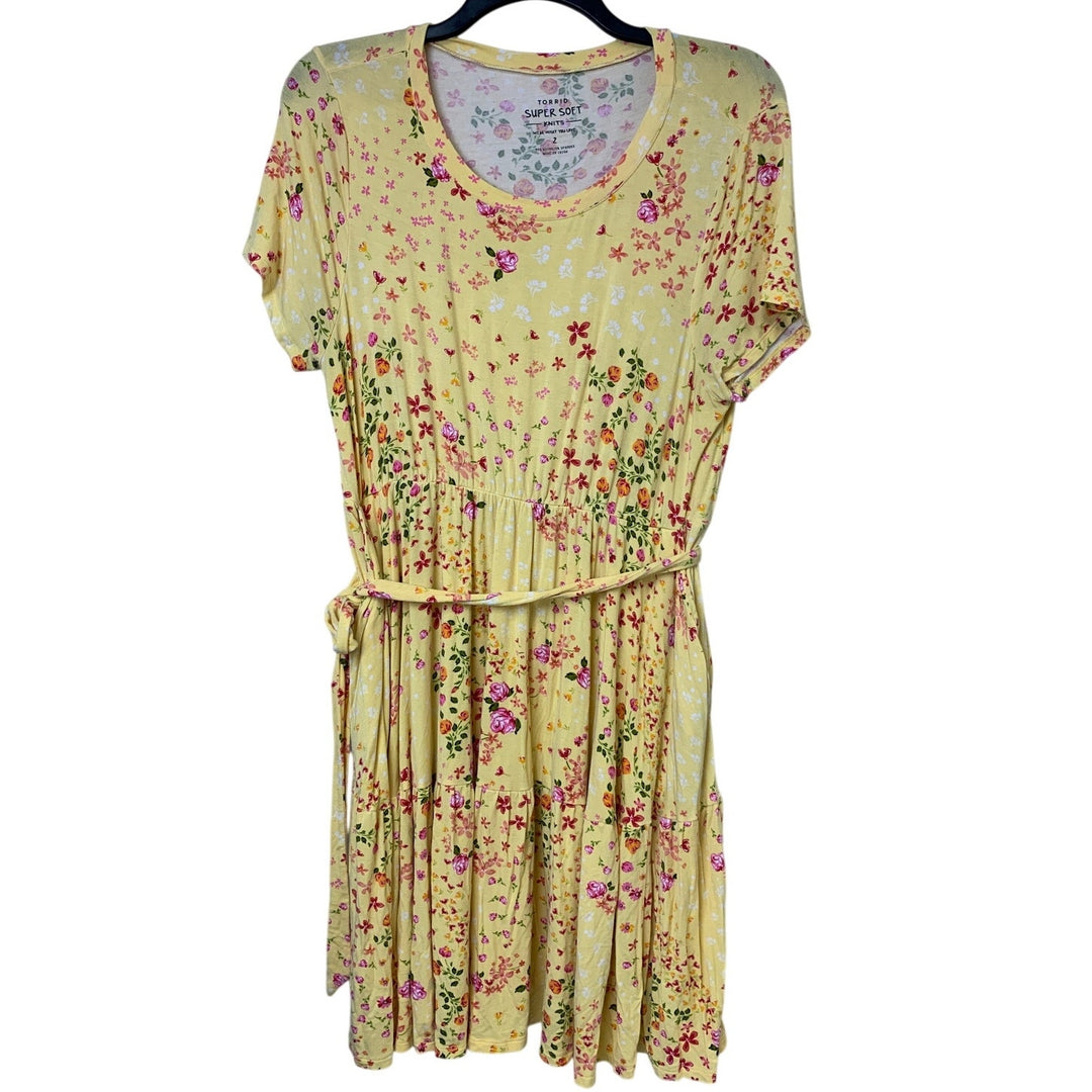 Torrid Womens Size 2 (18-20) Yellow Floral Short Sleeve Fabric Belt A Line Dress