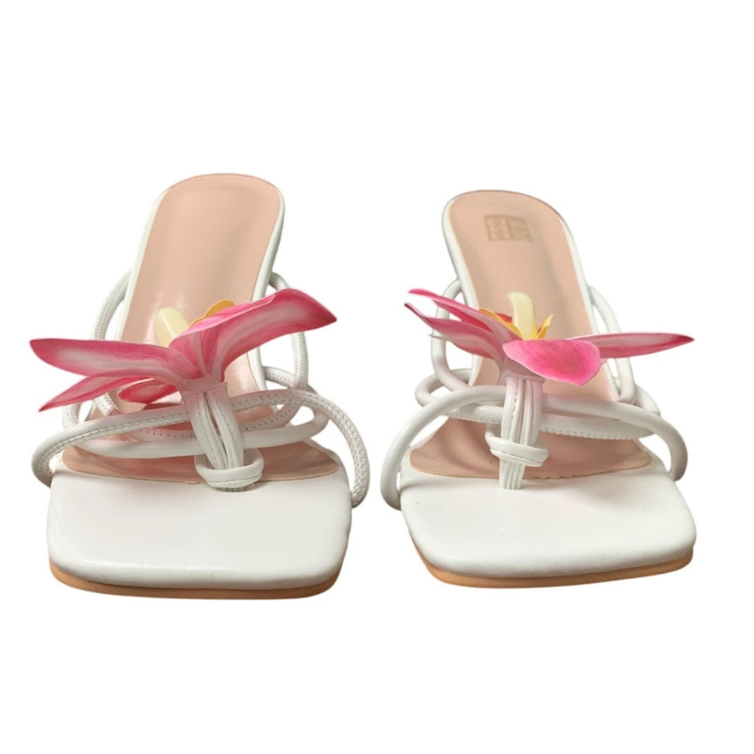 New Womens Size 9 White Pink Flower Slide On 4" Heel Open Toe Thong Sandal Shoes