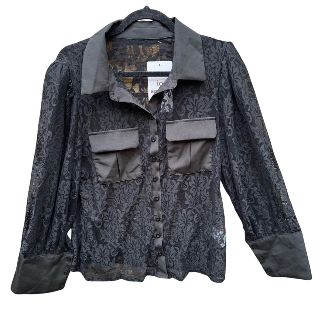 NWT New In Good State Womens Plus Size 1X Button Up Black Lace Blouse Top