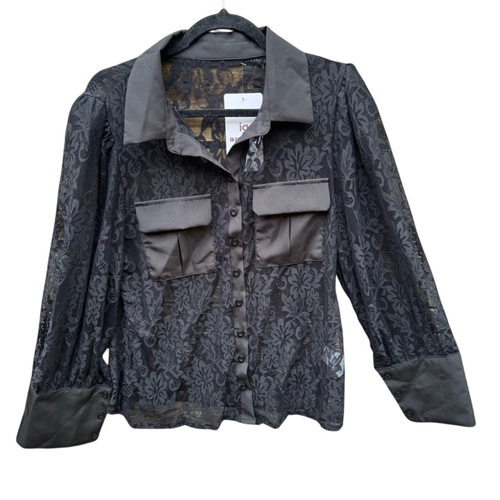 NWT New In Good State Womens Plus Size 1X Button Up Black Lace Blouse Top