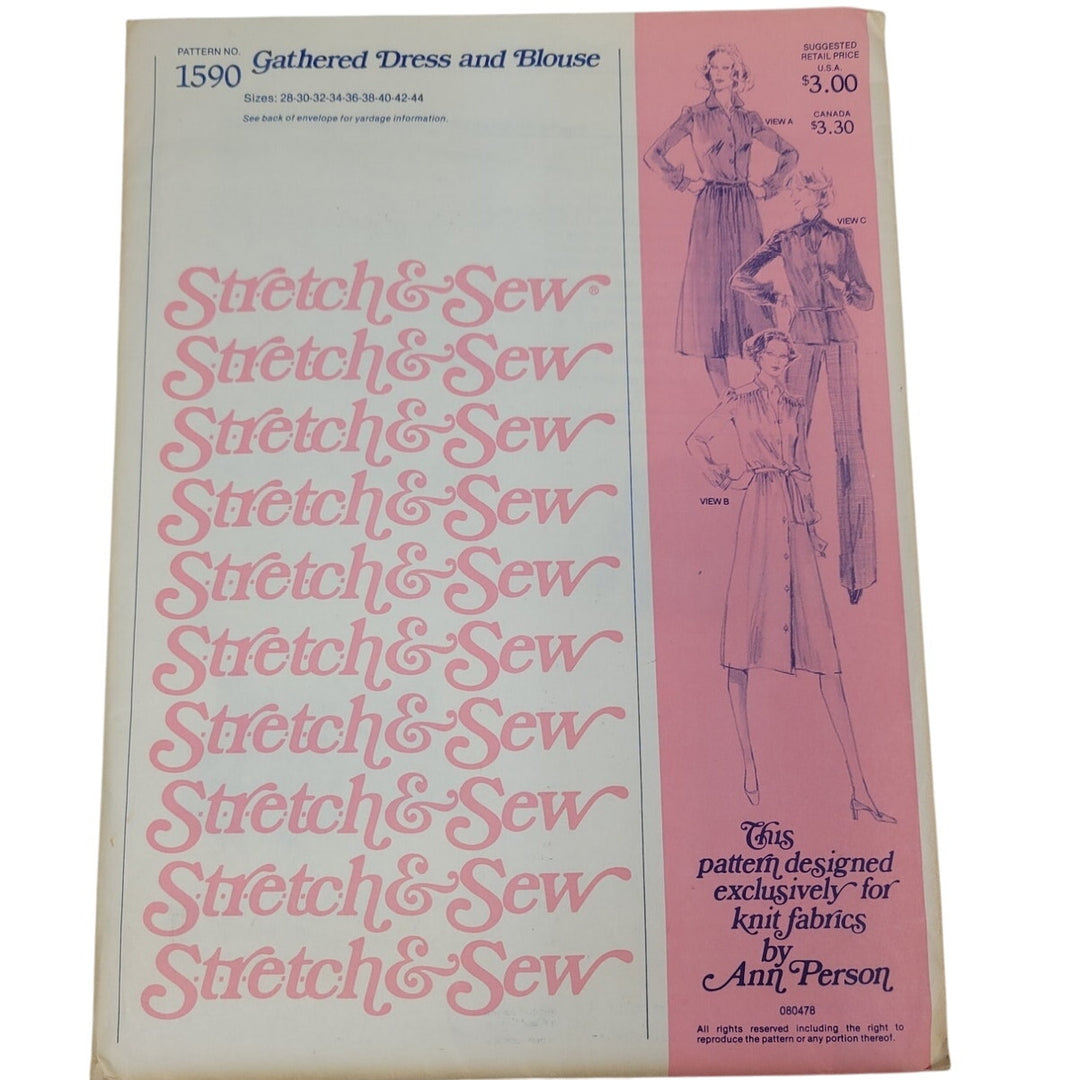 Vintage 1978 Stretch &amp; Sew 1590 Gathered Dress And Blouse Uncut Sewing Pattern