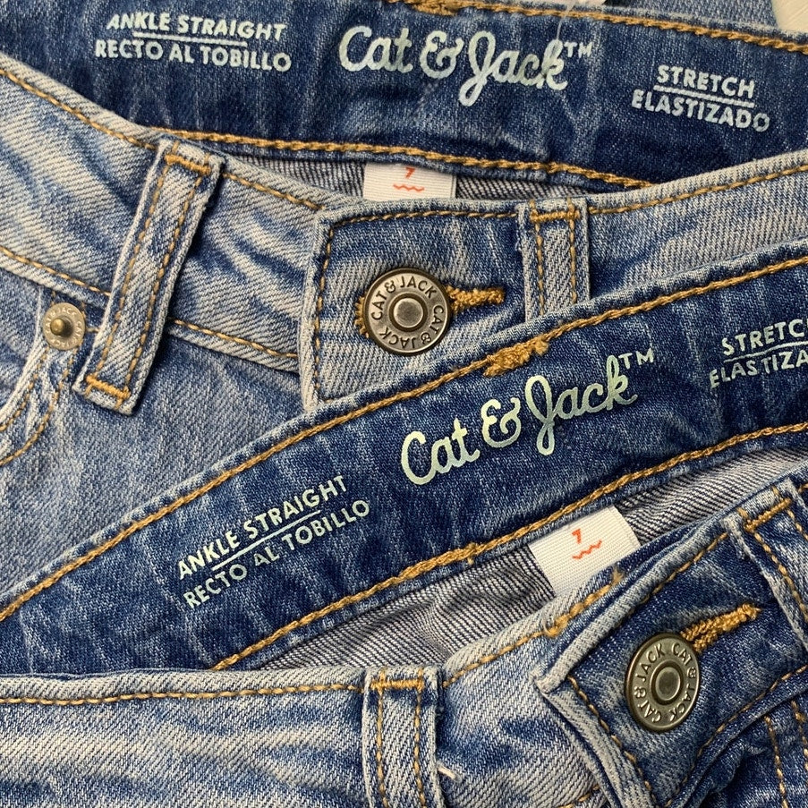 2 NWT New Cat &amp; Jack Girls 7 Ankle Straight Stretch Adjustable Waist Denim Jeans