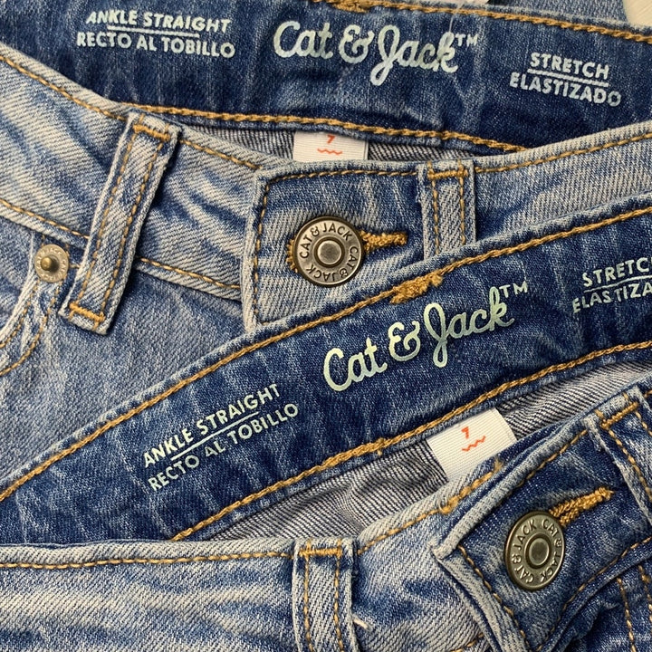 2 NWT New Cat &amp; Jack Girls 7 Ankle Straight Stretch Adjustable Waist Denim Jeans