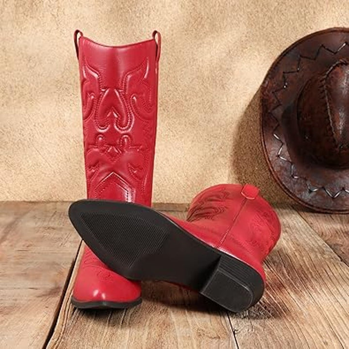 Dream Pairs Womens 8 Red Faux Leather 2" Heel Pull On Western Cowboy Boot Shoes