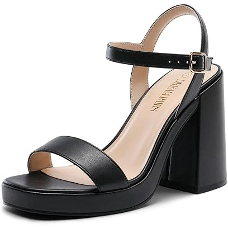 Dream Pairs Womens Size 9.5 Black Faux Leather 4.5" Chunky Platform Heels Shoes