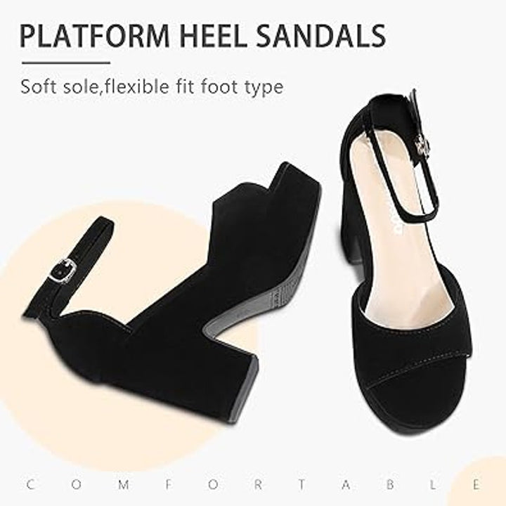 New Camsoo Womens 7.5 Black Faux Suede Open Toe 4" Block Heel Ankle Strap Shoes