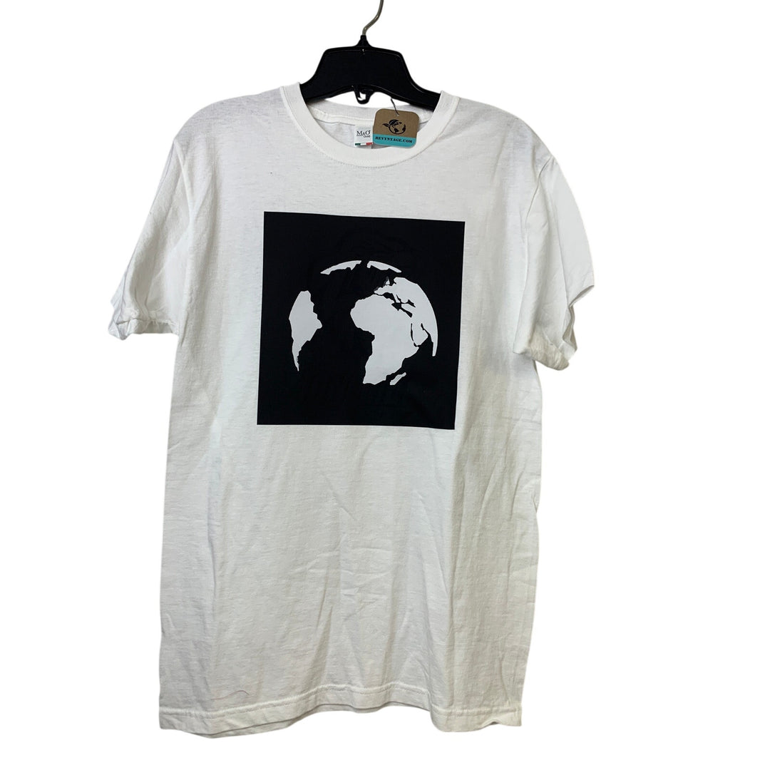 New Upcycled Hand Printed Womens White Black Small Save Planet Earth Tee Shirt