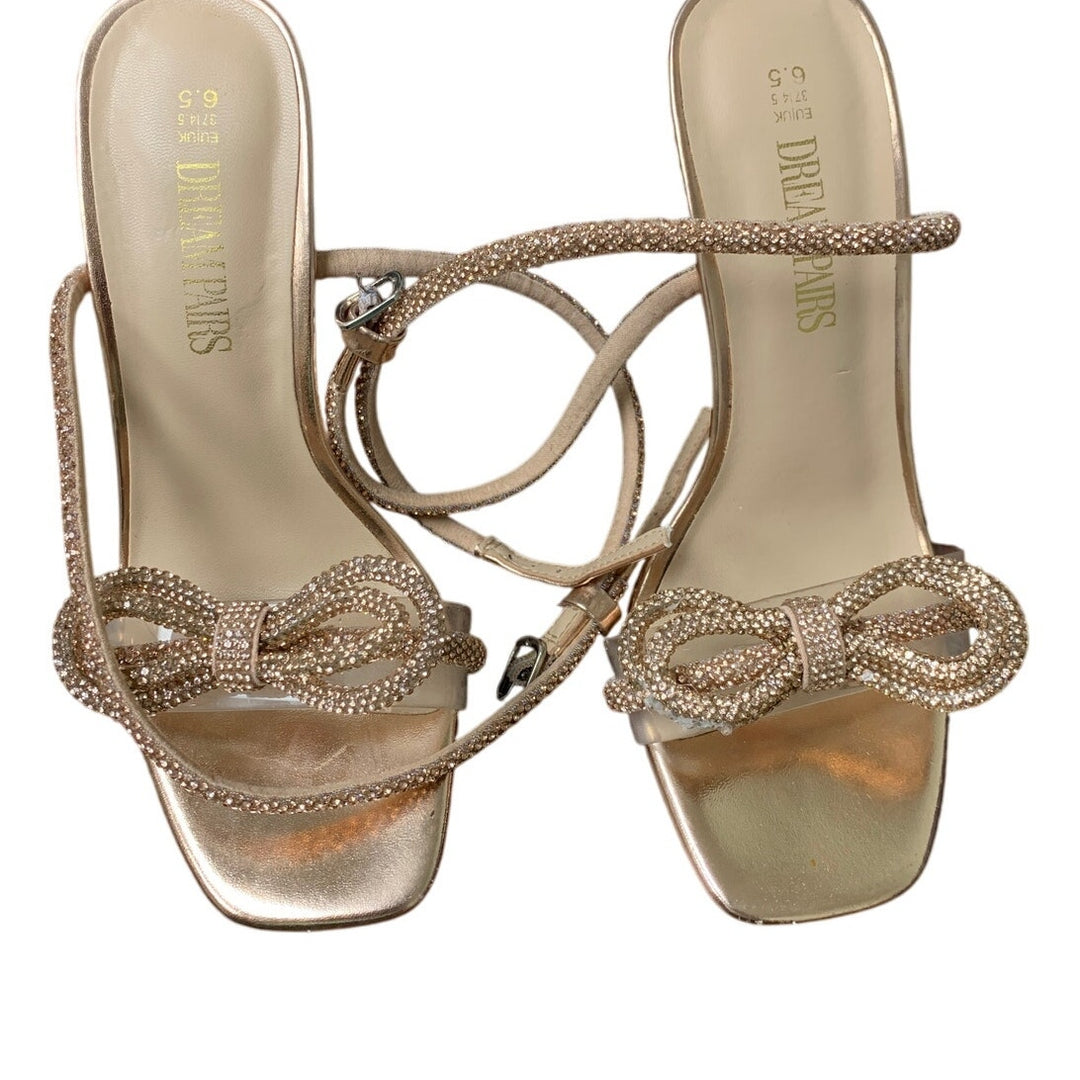 Dream Pairs Womens Size 6.5 Rose Gold Shiny Bow Open Toe Clear Strap 3.5" Heels