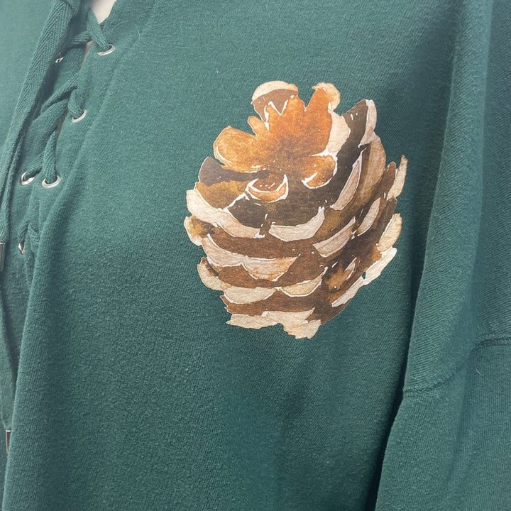 Hand Printed Upcycled Womens 2X Woody Pine Cone Long Sleeve Lace Up Sweatshirt