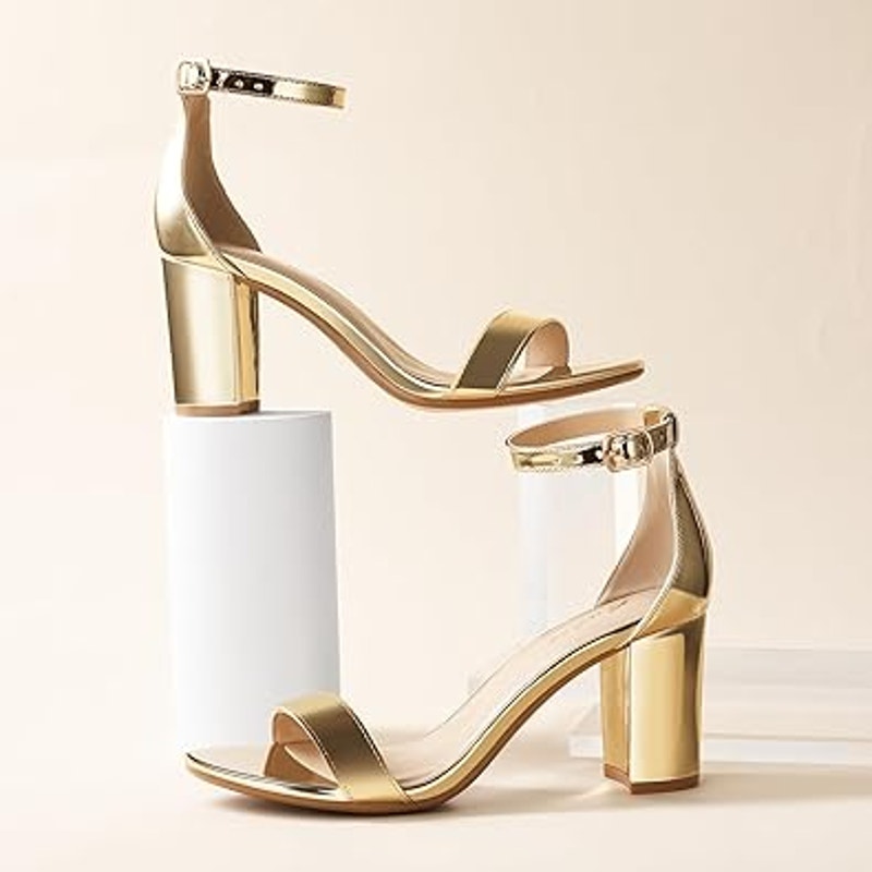 Ankis Womens Size 6.5 Gold Chunky Heel Open Toe Ankle Strap 2.75" Sandals Shoes