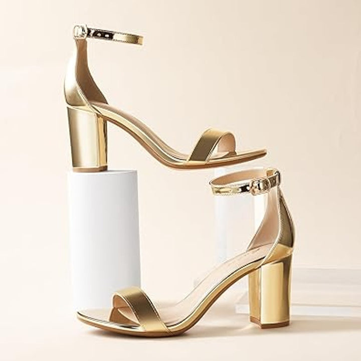 Ankis Womens Size 6.5 Gold Chunky Heel Open Toe Ankle Strap 2.75" Sandals Shoes