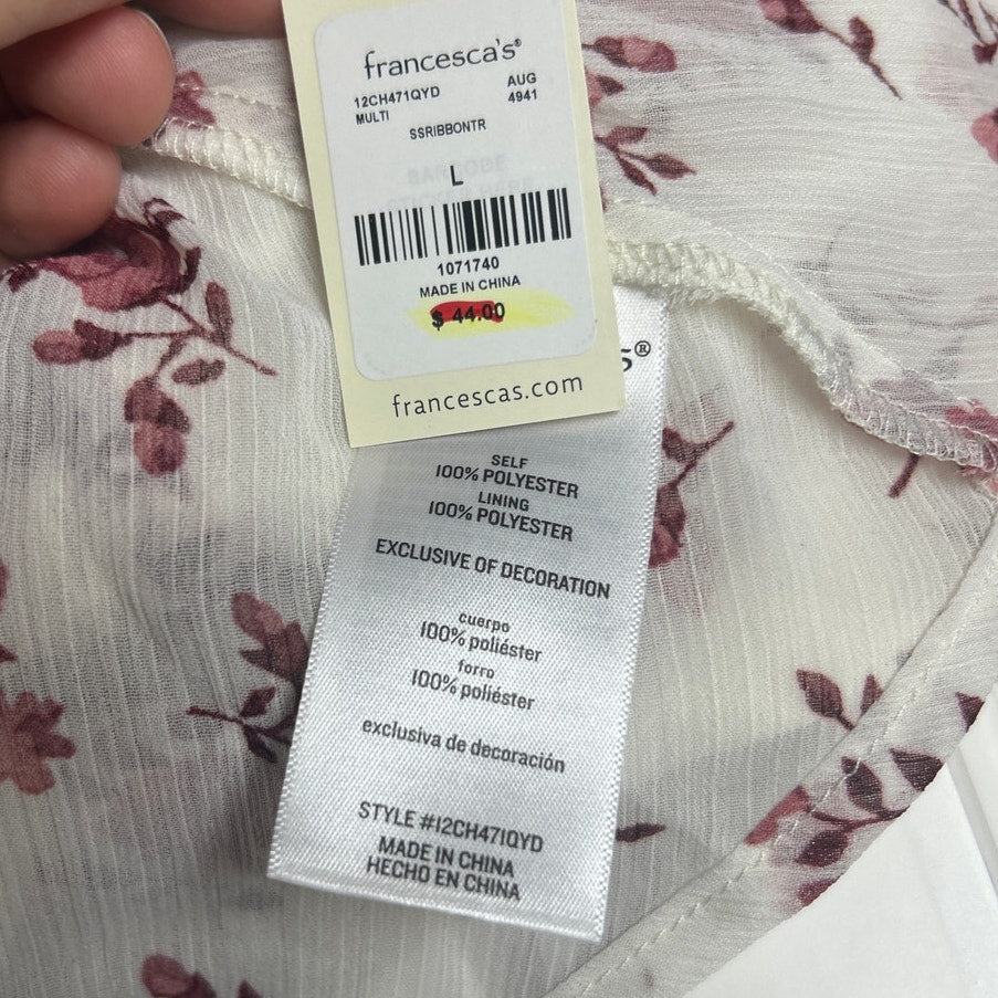 New Francescas Womens Large Cream Pink Floral Boho Blouson Cottage Smocked Top