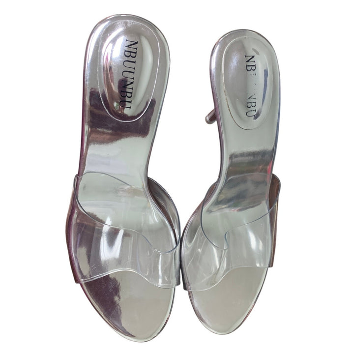 New NBUUNBU Womens 10 Euro 41 Silver Open Toe Silver Clear Strap Heels Shoes