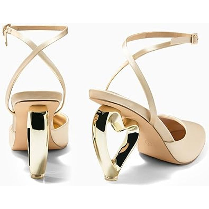 New Coutgo Womens Size 8 Champagne Tan Closed Toe Heart Heel Ankle Strap Shoes