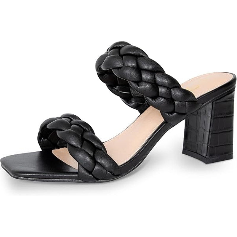 Athlefit Womens Size 8 Black Braided Open Toe Chunky 3" Heel Slip On Sandals