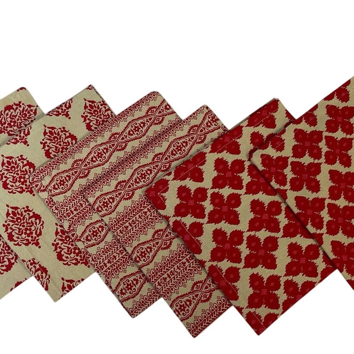 8 Red Tan Stripe Floral Geometric Square Cotton Blend Cloth Napkins Tablescape