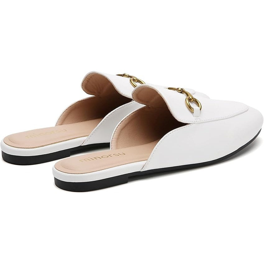 New Minorsu Womens Size 6.5 White Faux Leather Close Toe Slip On Flat Mule Shoes