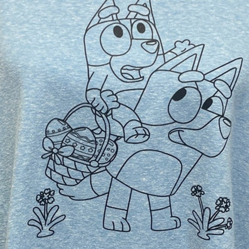 Hand Printed Upcycled Womens Large Bluey Bingo Easter Egg Short Sleeve Tee