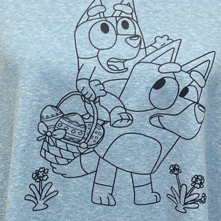 Hand Printed Upcycled Womens Large Bluey Bingo Easter Egg Short Sleeve Tee