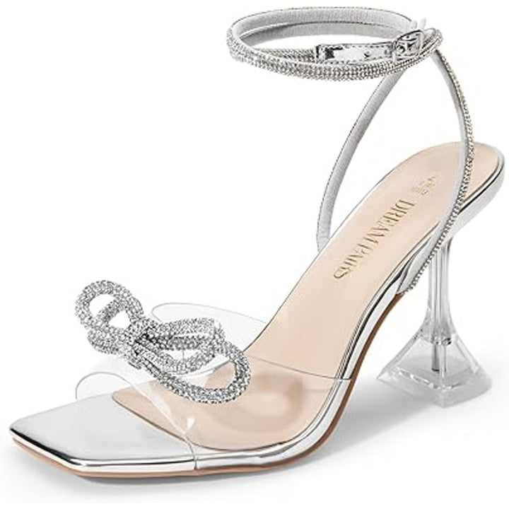 Dream Pairs Womens Size 8 Silver Shiny Bow Open Toe 4.5" Heel Ankle Strap Shoes