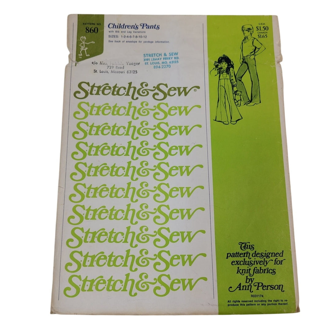 Vintage 1974 Stretch &amp; Sew 860 Childrens Pants Uncut Sewing Pattern