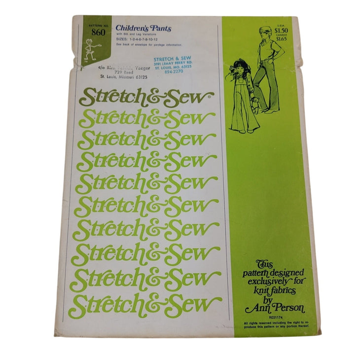 Vintage 1974 Stretch &amp; Sew 860 Childrens Pants Uncut Sewing Pattern