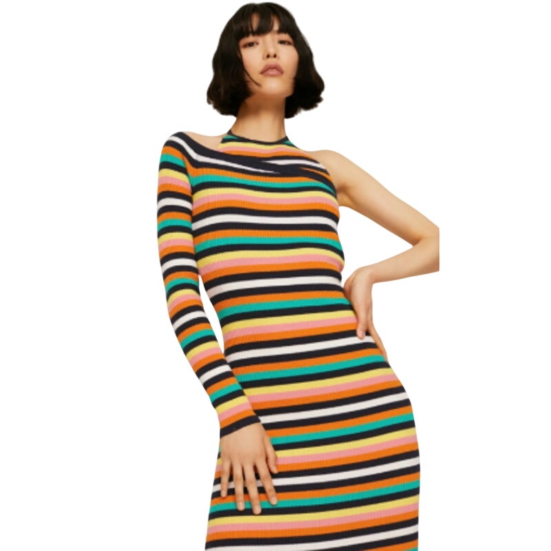 Monse Women XS Multicolor Striped One Shoulder Sweater Knit BodyCon Halter Dress