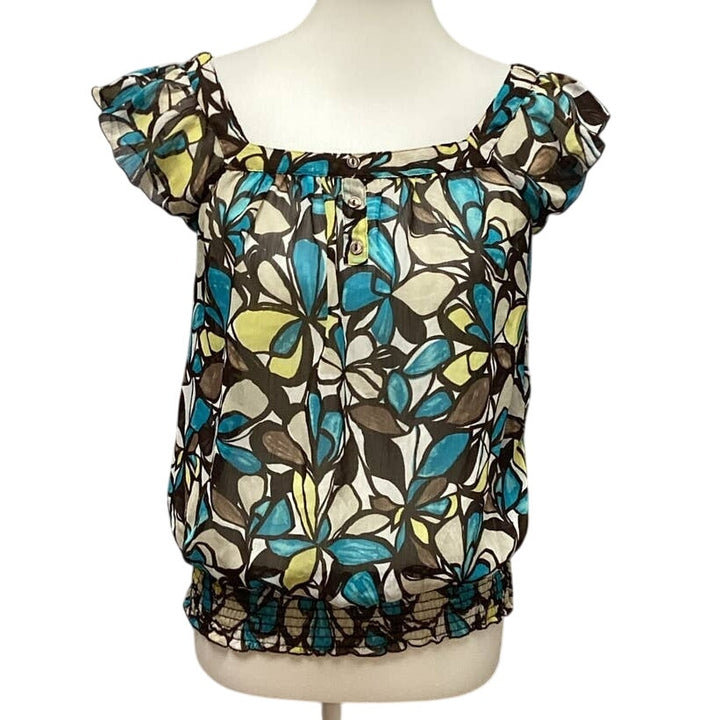 BCX Medium Sheer Gathered Waist Boatneck Ruffled Sleeve Geometric Floral Blouse