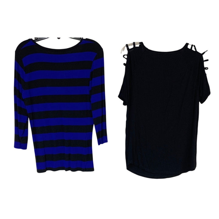 Lot of 2 August Silk Tahari Womens Small Black Blue Striped Cold Shoulder Tops