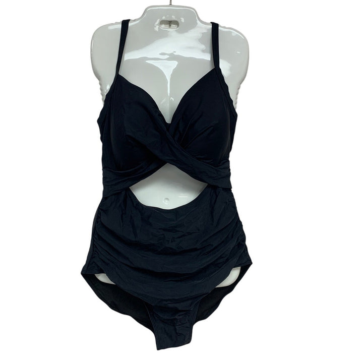 Womens Medium Black Keyhole Thin Strap Back Tie Padded One Piece Swimsuit
