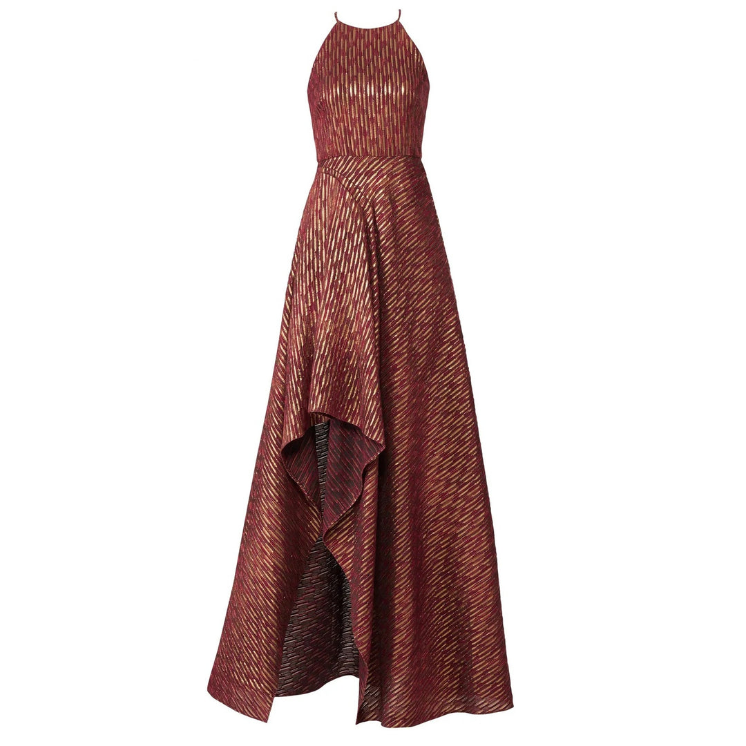 Badgley Mischka 18 Tall Ruby Metallic Gold Hi Low Leg Slit Halter Dress Gown