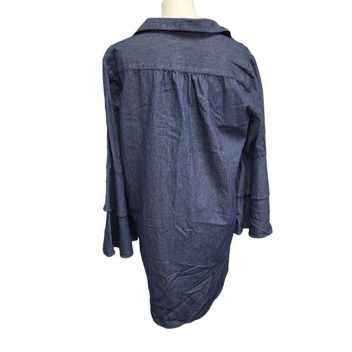 New For Cynthia Womens Large 100% Cotton Denim Bell Sleeve Deep V Hi Low Blouse