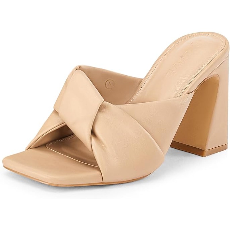 Coutgo Womens Size 8.5 Tan Chunky 4" Block Heel Slide On Open Toe Knotted Shoes
