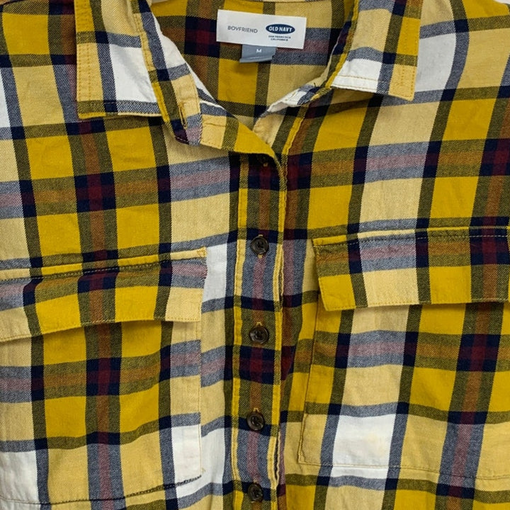 Old Navy Womens Medium 100% Cotton Boyfriend Plaid Long Sleeve Button Up Shirt
