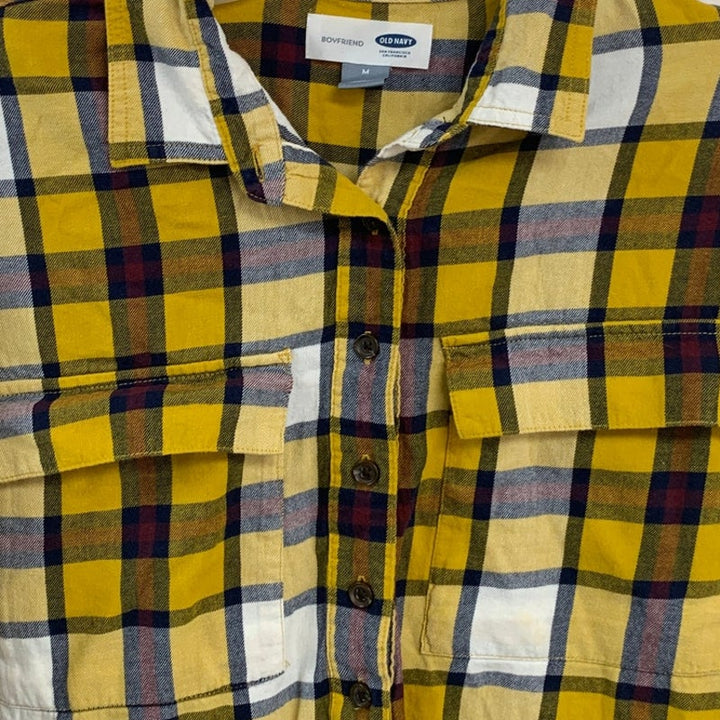 Old Navy Womens Medium 100% Cotton Boyfriend Plaid Long Sleeve Button Up Shirt