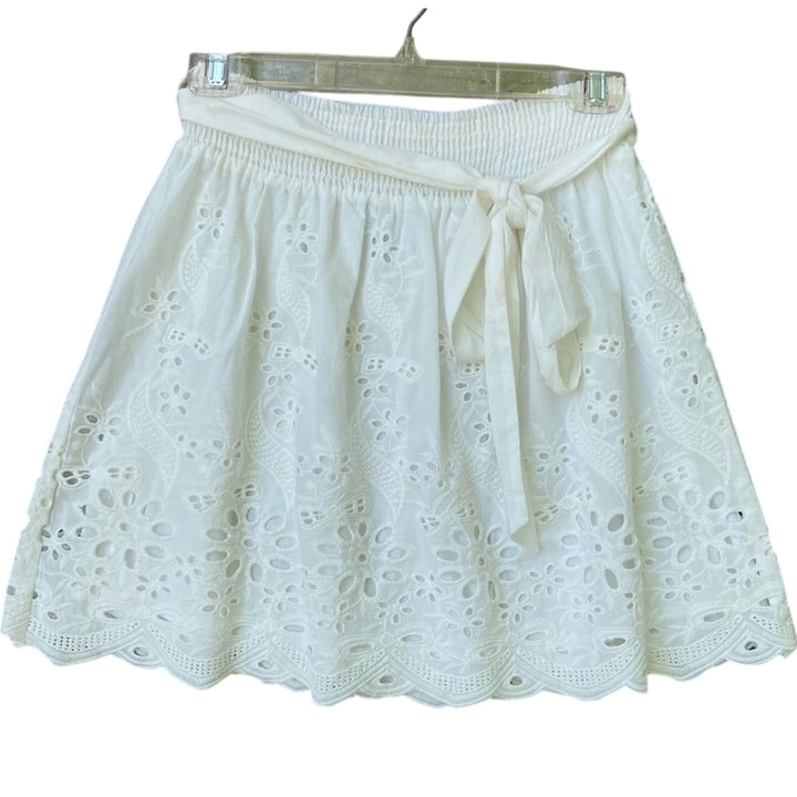 New Tobi Womens Medium White Floral Lace Smocked Waist Layered Mini Skirt w Belt