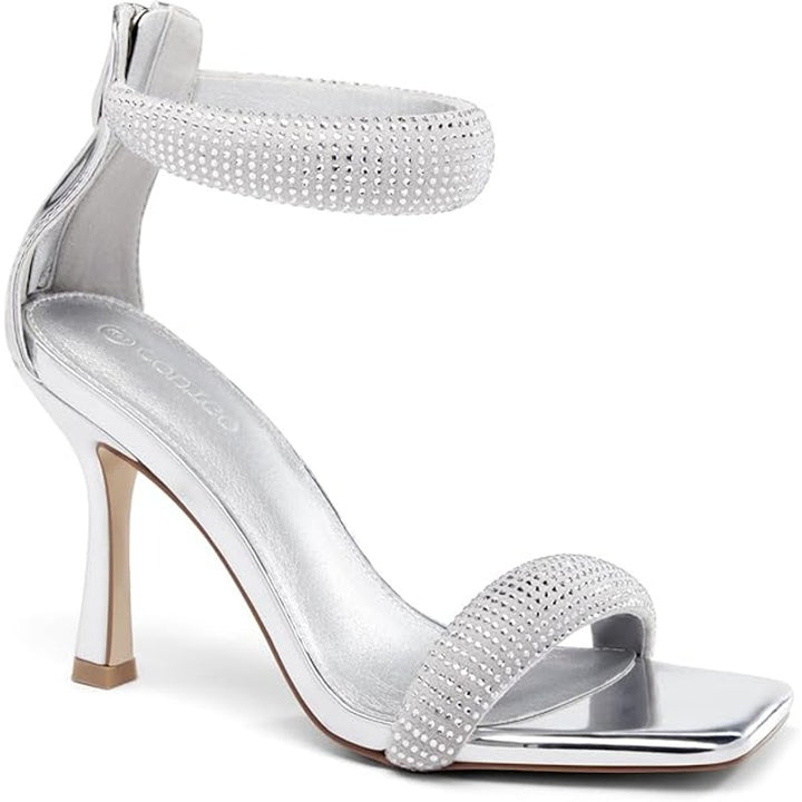 Coutgo Womens Size 10 Silver Sparkle 4" Heel Open Toe Ankle Strap Back Zip Shoes