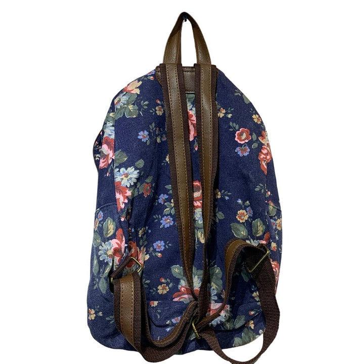Navy Blue Pink Floral Faux Leather Trimmed Machine Washable Backpack Book Bag